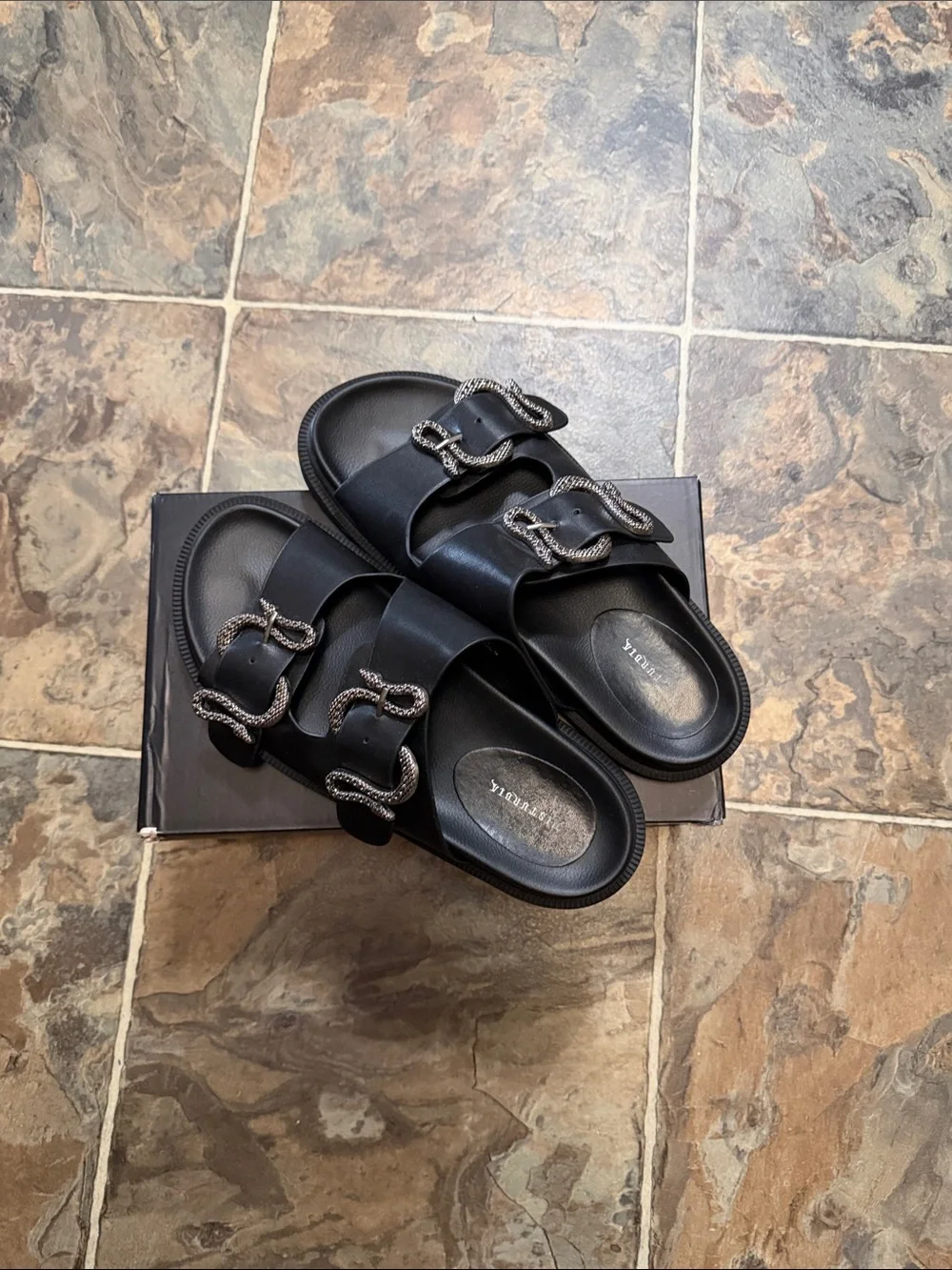 Disturbia Black Slide Sandal with Snake Buckles